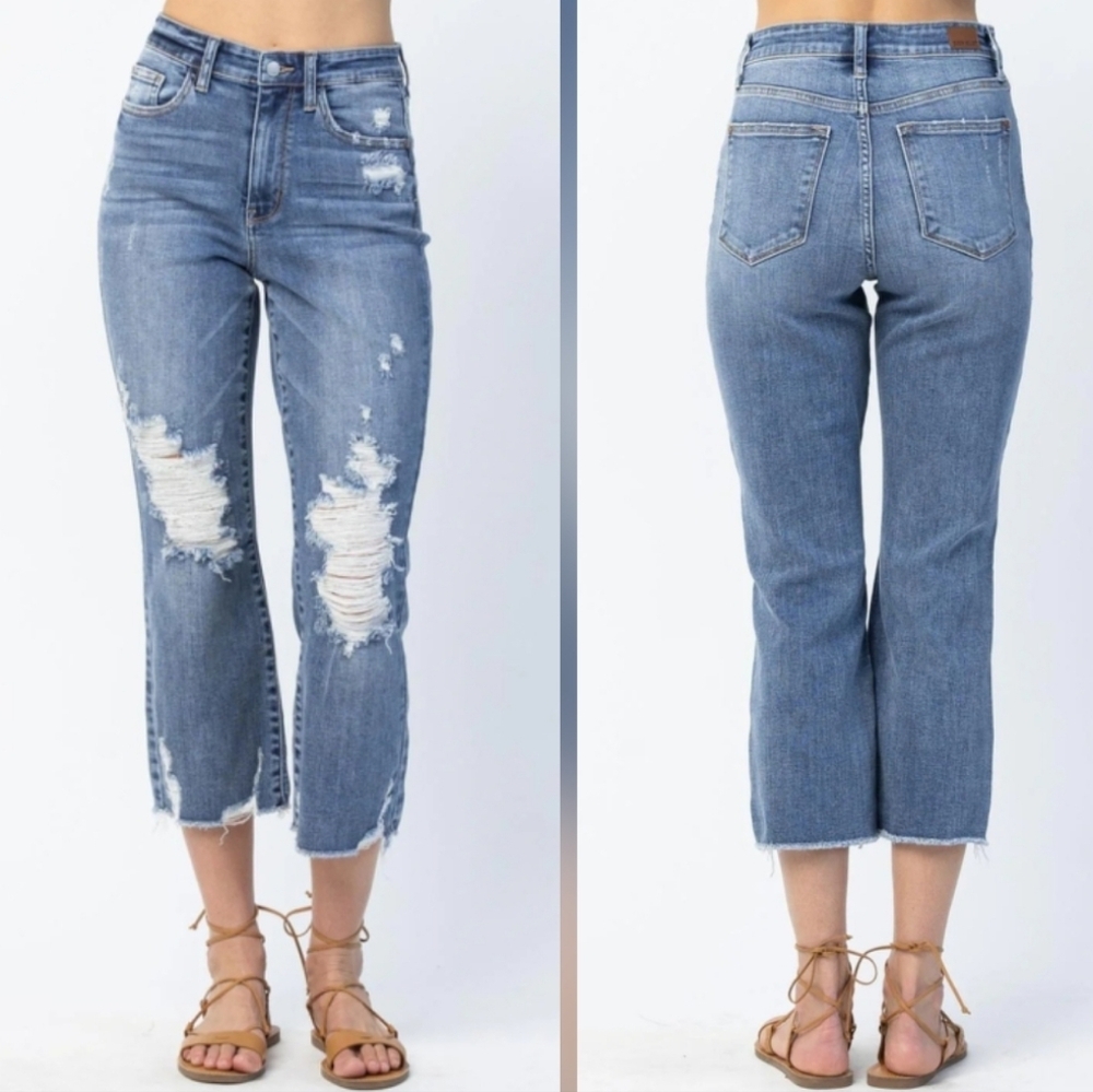 Judy Blue High Waist Release Hem Straight Destroyed Jeans